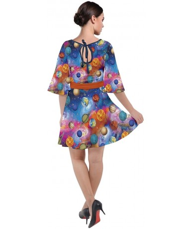 Cover-Ups Womens Space Rocket Planet Sun Moon Science Rick Morty Velour Kimono Dress- XS-3XL - Steel Blue - C518AW35Y6Z $57.60