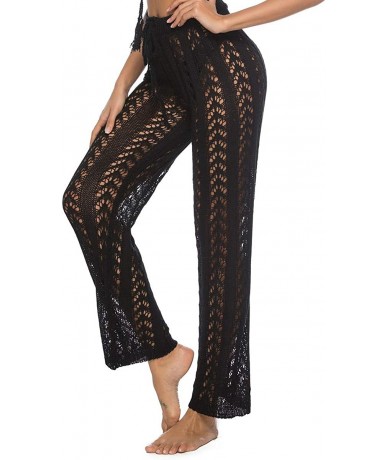 Cover-Ups Women Sexy Sheer Hollow Out Drawstring Knit Long Pants Bikini Swimsuit Cover Up Pants - Black - C918R2M8MI3 $46.58