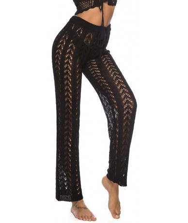 Cover-Ups Women Sexy Sheer Hollow Out Drawstring Knit Long Pants Bikini Swimsuit Cover Up Pants - Black - C918R2M8MI3 $46.58