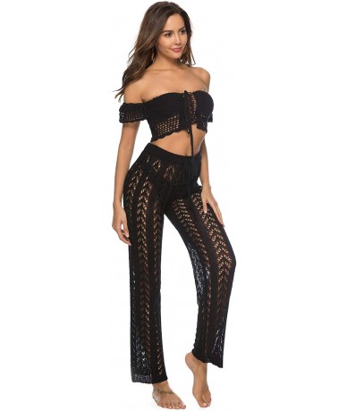 Cover-Ups Women Sexy Sheer Hollow Out Drawstring Knit Long Pants Bikini Swimsuit Cover Up Pants - Black - C918R2M8MI3 $46.58