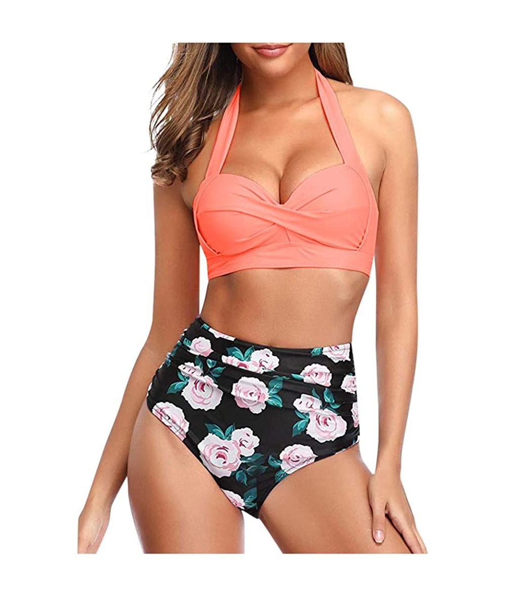 Racing Women Teen Girls Bohemia High Waisted Bikini Set Halter Swimsuit Swimwear Suits - Halter - Pink - CO1952NR8KM $28.47