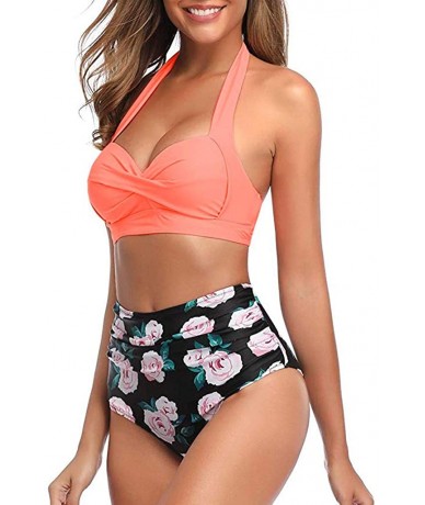 Racing Women Teen Girls Bohemia High Waisted Bikini Set Halter Swimsuit Swimwear Suits - Halter - Pink - CO1952NR8KM $28.47