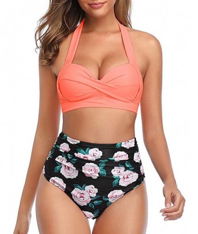 Racing Women Teen Girls Bohemia High Waisted Bikini Set Halter Swimsuit Swimwear Suits - Halter - Pink - CO1952NR8KM $28.47