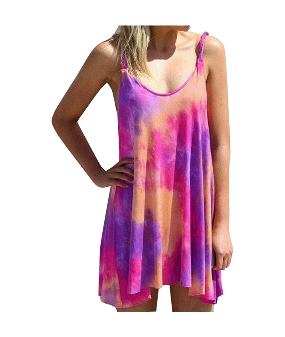 Cover-Ups Tank Dresses for Women Casual Summer Tie-Dye Mini Dress Irregular Hem Swing Beach Dresses Plus Size - Purple - CE19...