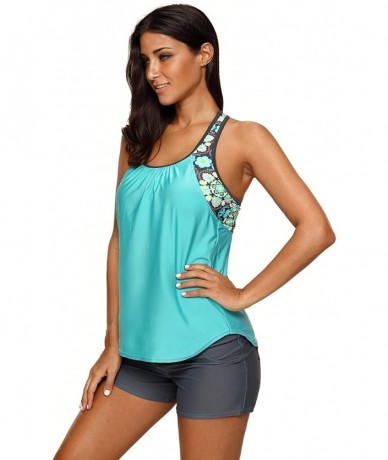 Tankinis Womens Floral Blouson Swimwear T-Back Tankini Top - Mint - CE1800G2AAD $37.61