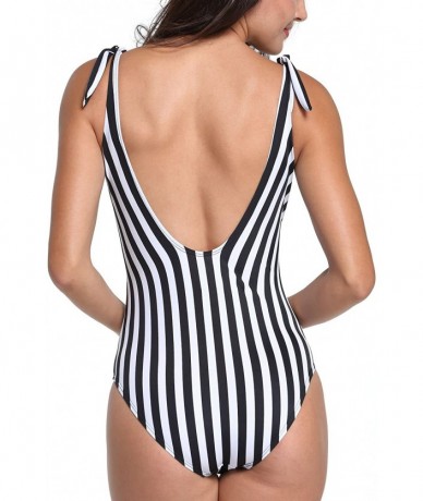 One-Pieces Women's One Piece Black and White Stripes Swimsuit with Adjustable Straps - Black - CD18CQZS609 $45.35