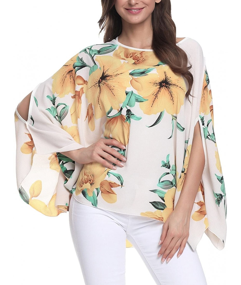 Cover-Ups Women's Floral Printed Chiffon Caftan Poncho Tunic Top - A-10006 - C712INPYCC7 $26.84