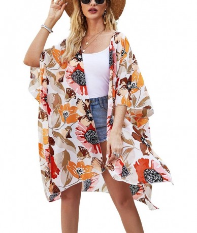 Cover-Ups Women's Batwing Sleeve Floral Chiffon Cardigan Kimono Beachwear Cover Up - 03 Orange - CR196YRDRN3 $26.56