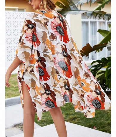 Cover-Ups Women's Batwing Sleeve Floral Chiffon Cardigan Kimono Beachwear Cover Up - 03 Orange - CR196YRDRN3 $26.56