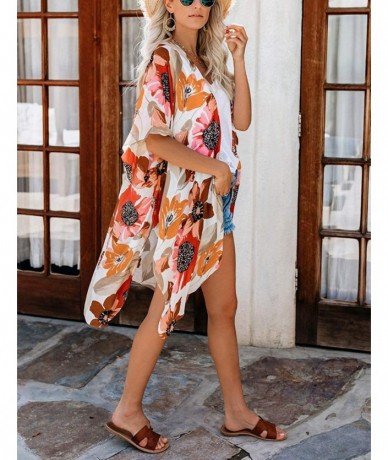 Cover-Ups Women's Batwing Sleeve Floral Chiffon Cardigan Kimono Beachwear Cover Up - 03 Orange - CR196YRDRN3 $26.56