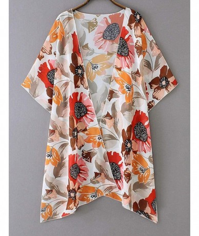 Cover-Ups Women's Batwing Sleeve Floral Chiffon Cardigan Kimono Beachwear Cover Up - 03 Orange - CR196YRDRN3 $26.56