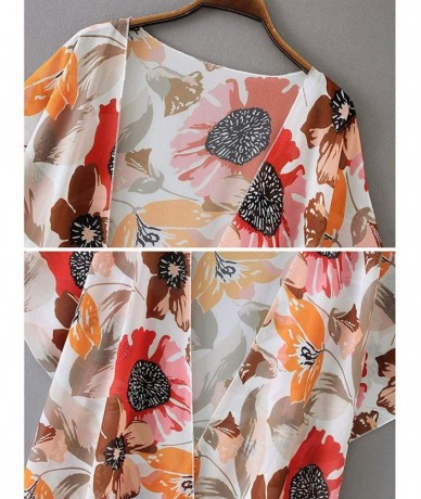 Cover-Ups Women's Batwing Sleeve Floral Chiffon Cardigan Kimono Beachwear Cover Up - 03 Orange - CR196YRDRN3 $26.56