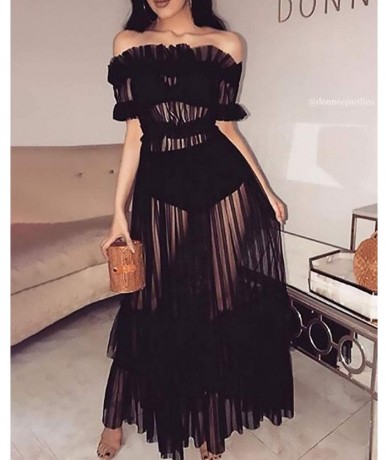 Cover-Ups Sexy Off Shoulder Maxi Dresses Womens Mesh Sheer Lace Flared Long Maxi Dress See Through Beach Cover Up S XXXL Blac...