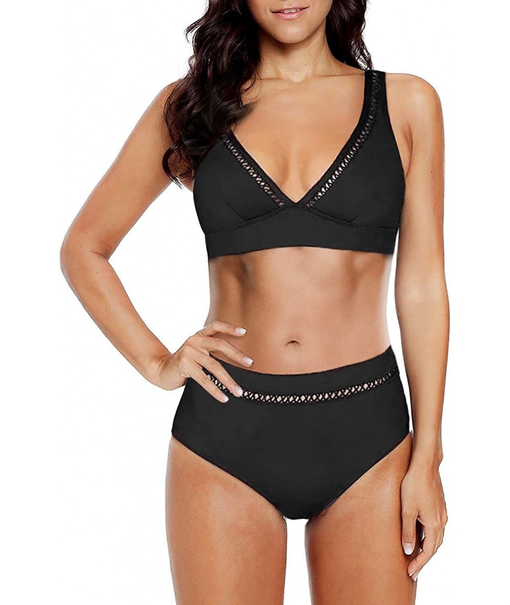 One-Pieces Womens Sexy Halter Plunge Monokini Two Piece Swimsuit Bathing Suit Tummy Control - Black-1 - CL1983ZH4AH $42.90