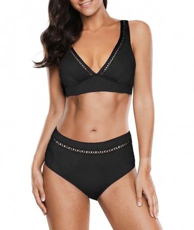 One-Pieces Womens Sexy Halter Plunge Monokini Two Piece Swimsuit Bathing Suit Tummy Control - Black-1 - CL1983ZH4AH $42.90