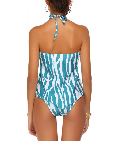 Tankinis Halter Tankini Swimsuit Women Printed High Heck Bikini Two Pieces Bathing Suit (FBA) - Light Blue - CH183K9LE2C $37.86