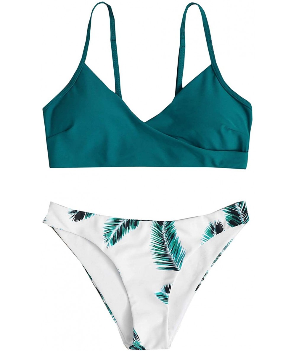 Sets Women's Sexy Swimsuit Leaf Print Padded Bathing Suits Adjustable Straps Bikini Set - Blue - CL199U5UT47 $33.87