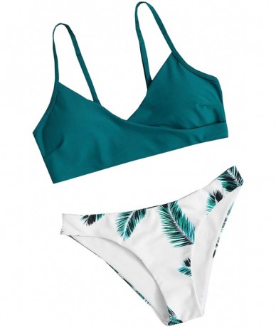 Sets Women's Sexy Swimsuit Leaf Print Padded Bathing Suits Adjustable Straps Bikini Set - Blue - CL199U5UT47 $33.87