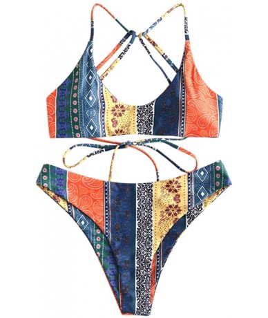 Sets Women's Lace-up Bikini Set Paisley Pattern Strappy Bathing Suit Brallete Swimsuits - Multi-b - CH18SO97RUL $38.62