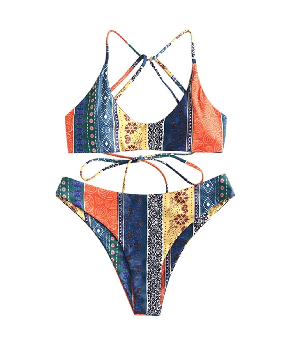 Sets Women's Lace-up Bikini Set Paisley Pattern Strappy Bathing Suit Brallete Swimsuits - Multi-b - CH18SO97RUL $38.62