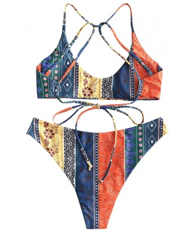 Sets Women's Lace-up Bikini Set Paisley Pattern Strappy Bathing Suit Brallete Swimsuits - Multi-b - CH18SO97RUL $38.62