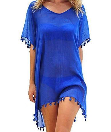 Cover-Ups Women's Chiffon Tassel Kaftan Swimsuit Beach Cover Up - A-blue - CQ18QMZO00N $27.26