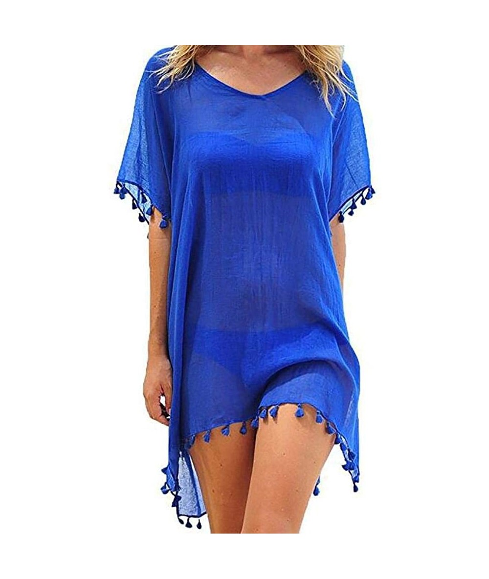 Cover-Ups Women's Chiffon Tassel Kaftan Swimsuit Beach Cover Up - A-blue - CQ18QMZO00N $27.26