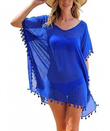 Cover-Ups Women's Chiffon Tassel Kaftan Swimsuit Beach Cover Up - A-blue - CQ18QMZO00N $27.26