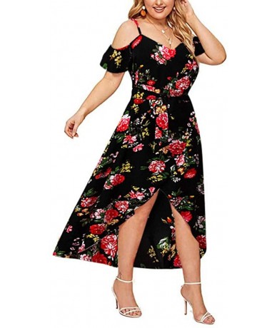 Cover-Ups Women's Sleeveless Plus Size Dresses-V-Neck Casual Bohemia Print Swing Dress Sling Backless Dress - Black - CV18W8C...