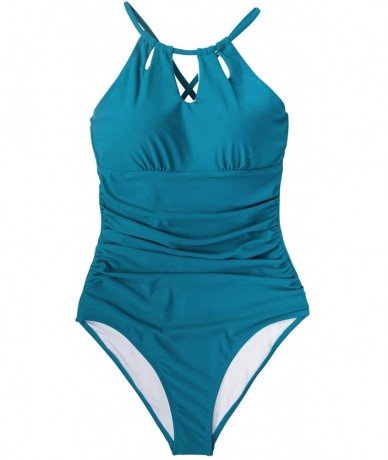 One-Pieces Women's Halter Lace Up Back One Piece Swimsuit Padded Crisscross Bikini - Turquoise - CU18SX904TQ $49.97