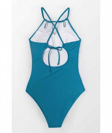 One-Pieces Women's Halter Lace Up Back One Piece Swimsuit Padded Crisscross Bikini - Turquoise - CU18SX904TQ $49.97