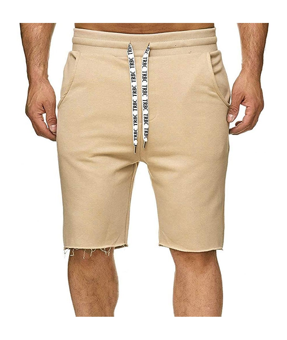 Trunks Men Solid Causal Beach Shorts Elastic Waist Drawstring Lightweight Slim Fit Summer Twill Pants with Pocket - Khaki - C...