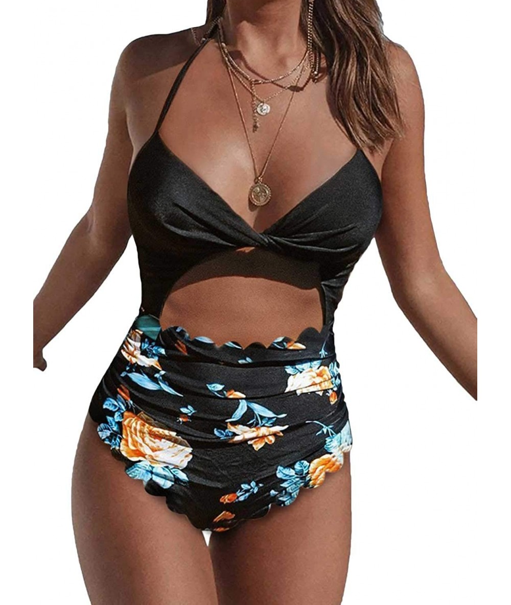 Tops Women's Floral Print Padded Halter Cutout High Waist One Piece Swimsuit - Scalloped Black - CK196RIXG8S $38.67