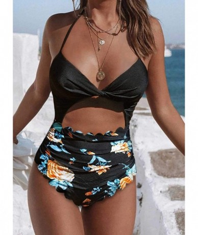 Tops Women's Floral Print Padded Halter Cutout High Waist One Piece Swimsuit - Scalloped Black - CK196RIXG8S $38.67