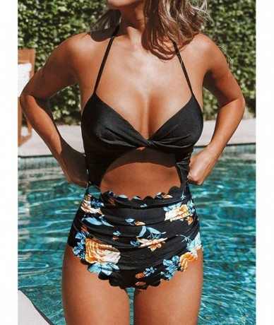 Tops Women's Floral Print Padded Halter Cutout High Waist One Piece Swimsuit - Scalloped Black - CK196RIXG8S $38.67