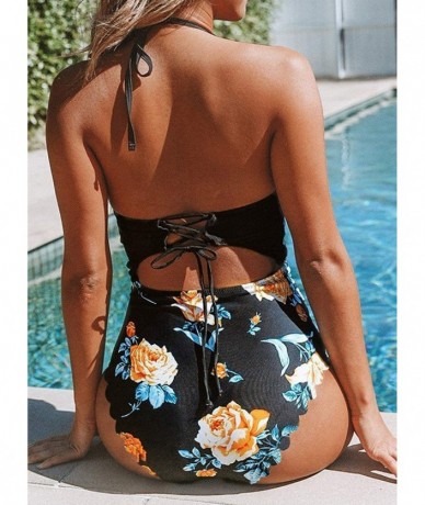 Tops Women's Floral Print Padded Halter Cutout High Waist One Piece Swimsuit - Scalloped Black - CK196RIXG8S $38.67