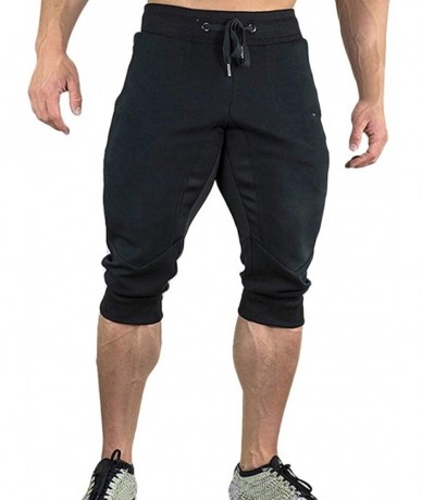 Board Shorts Mens Casual Summer Shorts Joggers Solid Drawstring Zipper 3/4 Pants Trouser - Black - C718S4W5AYX $45.11