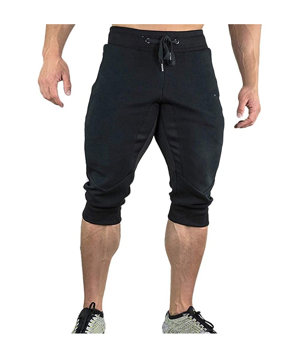 Board Shorts Mens Casual Summer Shorts Joggers Solid Drawstring Zipper 3/4 Pants Trouser - Black - C718S4W5AYX $45.11