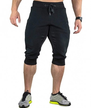 Board Shorts Mens Casual Summer Shorts Joggers Solid Drawstring Zipper 3/4 Pants Trouser - Black - C718S4W5AYX $45.11