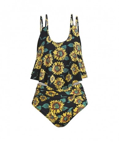 Sets Women Swimsuits Two Pieces Tankini Set Sunflower Floral Ruffled Top High Waisted Bikini Swimwear Bathing Suit Black - CI...