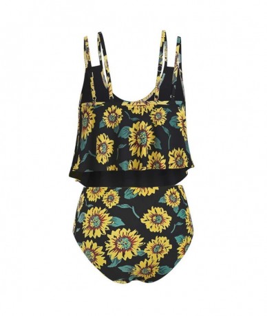 Sets Women Swimsuits Two Pieces Tankini Set Sunflower Floral Ruffled Top High Waisted Bikini Swimwear Bathing Suit Black - CI...