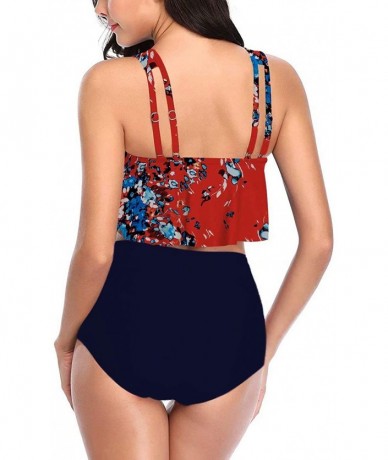 Sets Women Ruffled Overlay High Waist Tankini Tummy Control Bathing Suits - A-orange/Navy - CE196WKD9IL $64.57