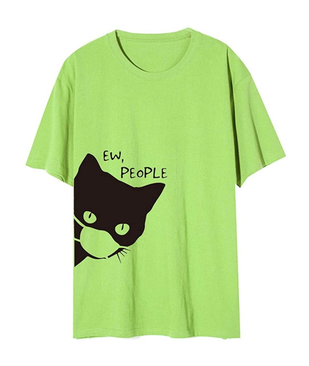 Bottoms Women's Cat Print Tee Summer Casual Basic Short Sleeve Round Neck T Shirts - Green - CZ1906U442T $39.00