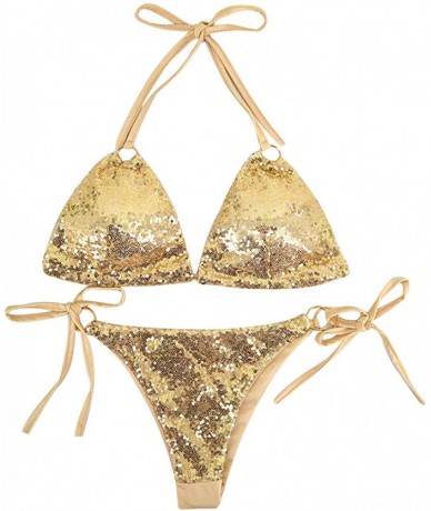 Sets Women Sequin Triangle Bikini Set Sexy 2 Piece Tie-Side Bottom String Halter Glitter Swimsuit Beachwear - Gold - CU18OWKZ...