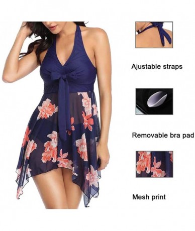 Racing Women Two Piece Swimsuit Polka Dot Plus Size Tankini Swimdress Mesh Printed Bathing Suit - Navy + Pink Flower - CH190X...