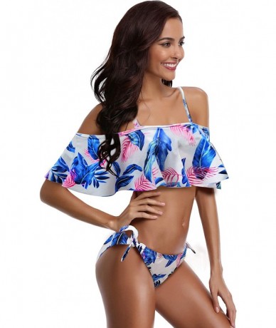 Sets Women's Padded Flounce Halter Bikini Set Ruffled Two Piece Off Shoulder Bandeau Swimsuit - Printed Leaves - CQ18HO508TZ ...