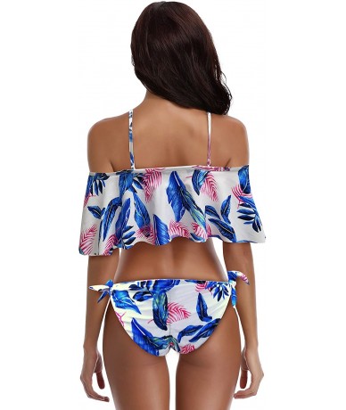 Sets Women's Padded Flounce Halter Bikini Set Ruffled Two Piece Off Shoulder Bandeau Swimsuit - Printed Leaves - CQ18HO508TZ ...