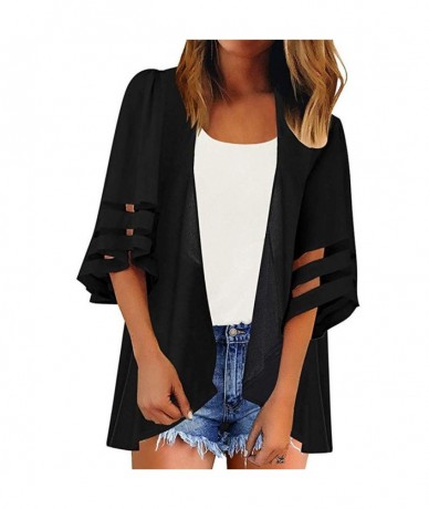 Cover-Ups Women Mesh Panel 3/4 Bell Sleeve Pure Color Chiffon Casual Loose Kimono Cardigan- Women's Fashion Flare Sleeve Soli...