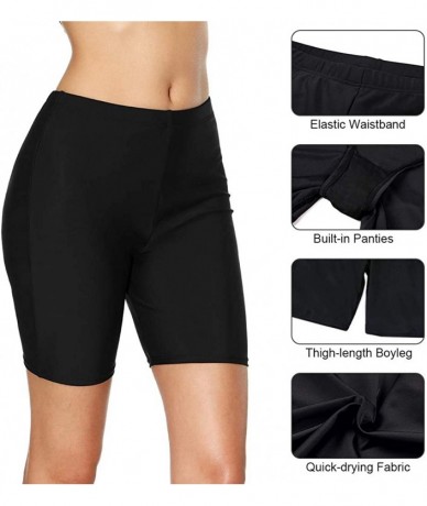 Board Shorts Women High Waist Swim Shorts Long Boardshort Boyleg Swim Bottoms - Solid Black - CB188ODIERA $30.71