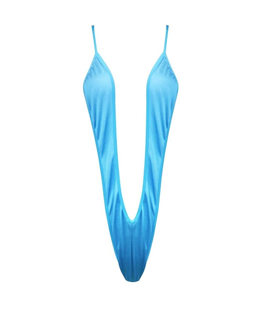 One-Pieces Womens One-Piece Monokini Sling Shot Swimsuit High Cut Thong Leotard Bodysuit Lingerie - Blue - CT198Y2WURW $28.20